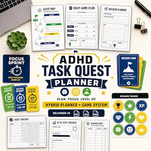 May include: An ADHD Task Quest Planner with various printable pages, including a quest map, daily game plan, mission planner, and habit tracker. The planner also includes focus sprint timers and reward tokens. The text on the planner says "Plan. Focus. Level Up."
