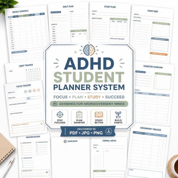 Planejador Estudantil para TDAH, Planilhas de Acompanhamento de TDAH, Sistema de Planejamento Estudantil para TDAH (PDF, JPG, PNG)
