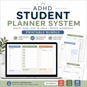 May include: A digital download bundle for an ADHD student planner system. The image shows a laptop displaying planner templates, along with printable pages for study plans, daily planning, and a calm corner. The design is ADHD-friendly.