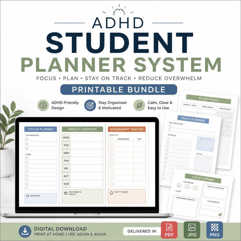 May include: A digital download bundle for an ADHD student planner system. The image shows a laptop displaying planner templates, along with printable pages for study plans, daily planning, and a calm corner. The design is ADHD-friendly.