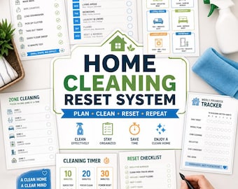 Home Cleaning Reset System Printable, Cleaning Checklist Bundle, Room Reset Cards, Timed Cleaning Planner