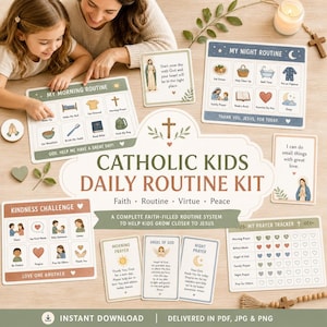 Puede incluir: Un kit de rutina diaria católica para niños con tarjetas ilustradas para rutinas matutinas y nocturnas, desafíos de bondad y rastreadores de oración. El kit incluye el texto "Catholic Kids Daily Routine Kit" y "Descarga instantánea".