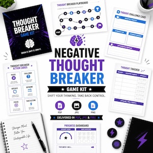 May include: A game kit titled "Thought Breaker" with various components, including cards, a playboard, and a progress dashboard. The kit features a purple and white color scheme with the text "Break It, Shift It. Own It." and "Shift Your Thinking. Take Back Control."