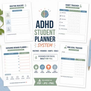 May include: ADHD Student Planner System with Routine Builder, Habit Tracker, Dopamine Reward Planner, and Mini Goal Tracker. Designed for focus and built for you. Delivered in PDF, JPG, and PNG formats.