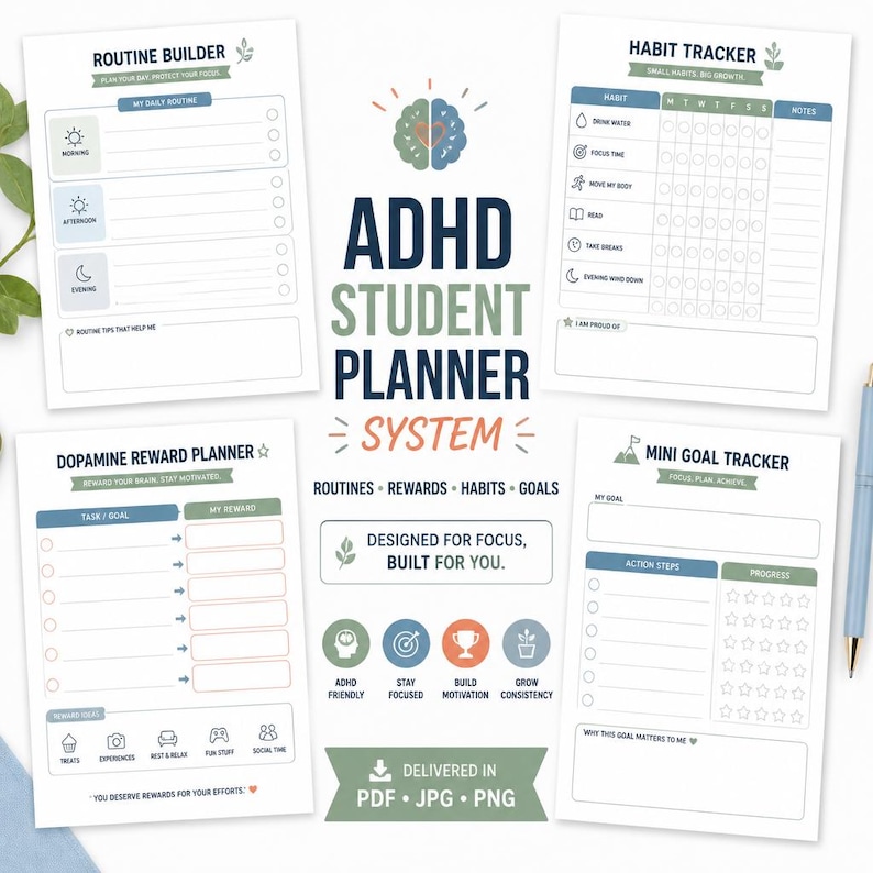 May include: ADHD Student Planner System with Routine Builder, Habit Tracker, Dopamine Reward Planner, and Mini Goal Tracker. Designed for focus and built for you. Delivered in PDF, JPG, and PNG formats.