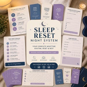 May include: A collection of sleep-related cards and guides, including a checklist, tracker, and routine planner. The cards are in shades of purple and white, with text such as "Sleep Reset Night System" and "Calm Mind".