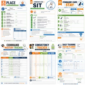 May include: A collection of dog training cards and trackers, featuring colorful designs and instructional diagrams. Includes cards for 'Place', 'Sit', and 'Stay' commands, along with a consistency tracker and daily routine planner. The cards have a clean, organized layout.