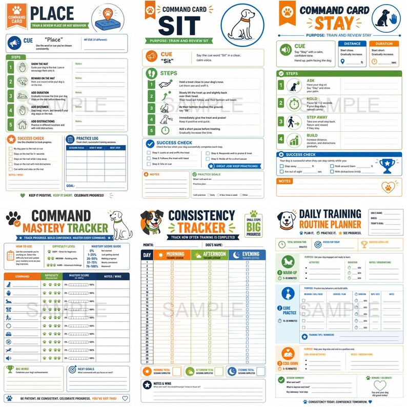 May include: A collection of dog training cards and trackers, featuring colorful designs and instructional diagrams. Includes cards for 'Place', 'Sit', and 'Stay' commands, along with a consistency tracker and daily routine planner. The cards have a clean, organized layout.