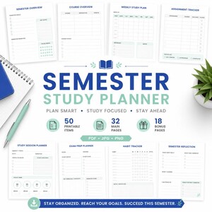 Puede incluir: Un conjunto de planificadores de estudio semestrales digitales que incluye varias plantillas imprimibles como resumen del semestre, resumen del curso, plan de estudio semanal, seguimiento de tareas, planificador de sesiones y seguimiento de hábitos.