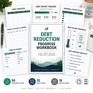May include: A debt reduction progress workbook set featuring a central cover with mountain graphics and text, surrounded by various financial planning sheets including a debt overview, payment calendar, budget, and progress trackers with green accents.