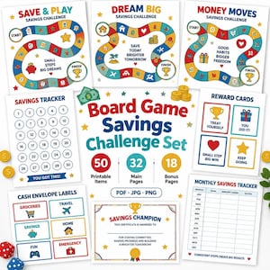 May include: A digital board game savings challenge set featuring colourful game boards with paths, a savings tracker with 30 circles, reward cards, cash envelope labels, a monthly savings tracker, and a savings champion certificate.