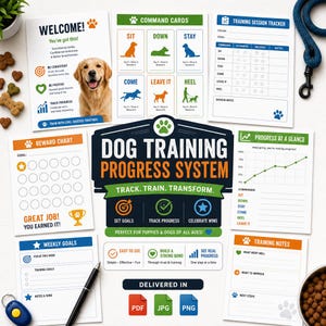 Sistema di monitoraggio dei progressi nell'addestramento del cane stampabile, con schede di comando, strumento di monitoraggio del comportamento, tabella dei premi, pianificatore di routine e pacchetto completo per l'addestramento degli animali domestici.