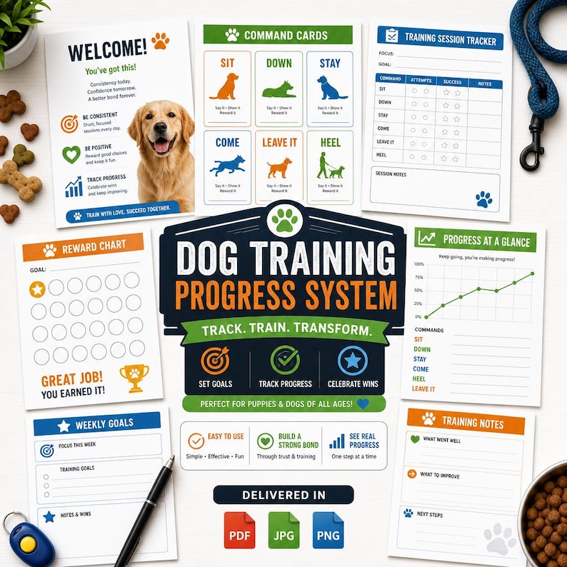 May include: A dog training progress system with various training aids. Includes command cards, a reward chart, weekly goals, and a training session tracker. The system is designed for puppies and dogs of all ages.
