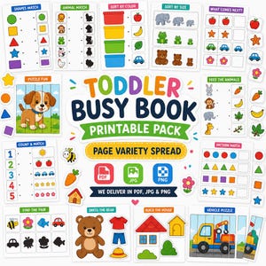 May include: A colourful printable toddler busy book with educational activities. Includes matching games, puzzles, and sorting exercises. Features animal, shape, and colour recognition tasks. The book is designed for early learning and development.