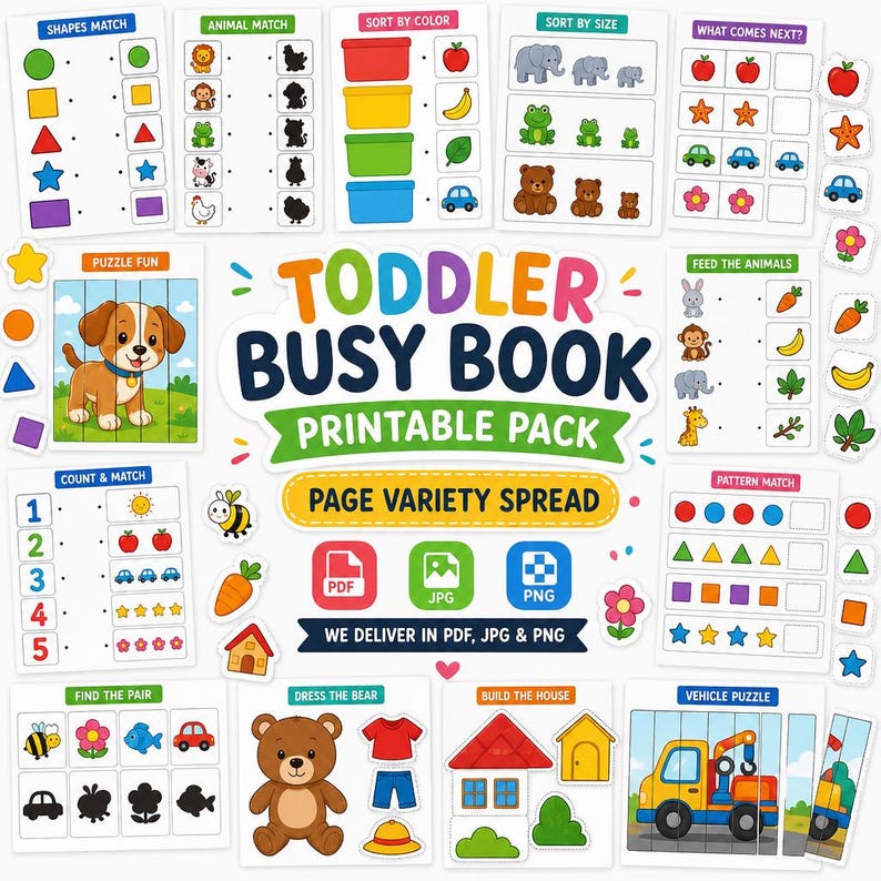 May include: A colourful printable toddler busy book with educational activities. Includes matching games, puzzles, and sorting exercises. Features animal, shape, and colour recognition tasks. The book is designed for early learning and development.