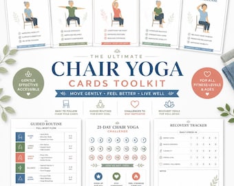 May include: Chair yoga cards featuring illustrations of yoga poses, such as seated spinal twist and side stretch. The toolkit includes a 21-day challenge and recovery tracker, suitable for all fitness levels and ages, promoting gentle exercise.