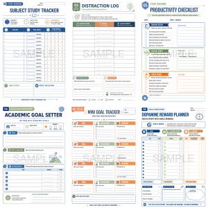 May include: A collection of printable study planners and trackers. Includes a subject study tracker, distraction log, productivity checklist, academic goal setter, mini goal tracker, and a dopamine reward planner. The pages have a white background with blue, orange, and green accents.