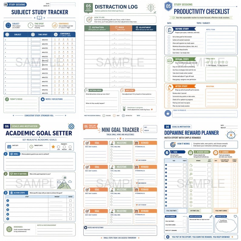 May include: A collection of printable study planners and trackers. Includes a subject study tracker, distraction log, productivity checklist, academic goal setter, mini goal tracker, and a dopamine reward planner. The pages have a white background with blue, orange, and green accents.