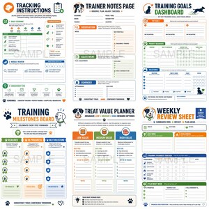 May include: A set of colorful dog training planner sheets. The sheets include sections for tracking instructions, trainer notes, training goals, milestones, and a weekly review. The design incorporates paw prints and dog illustrations.