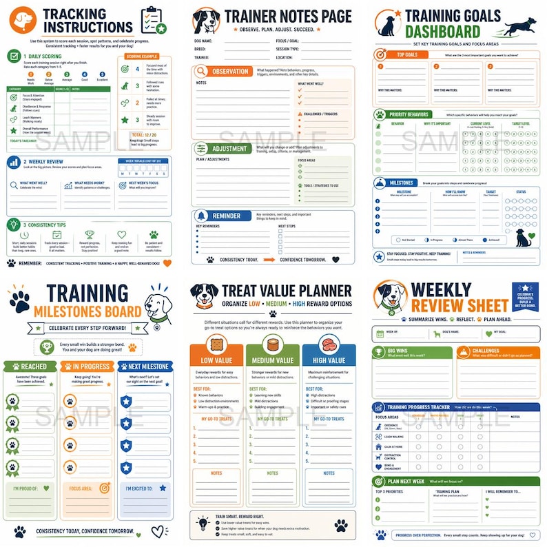 May include: A set of colorful dog training planner sheets. The sheets include sections for tracking instructions, trainer notes, training goals, milestones, and a weekly review. The design incorporates paw prints and dog illustrations.
