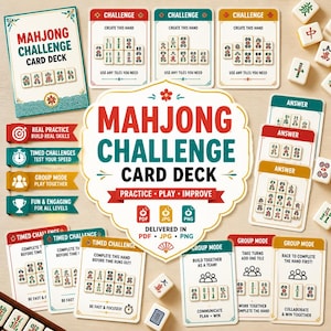 Puede incluir: Un mazo de cartas Mahjong Challenge con varias cartas de desafío, cartas de respuesta y cartas de modo de juego. El mazo incluye fichas e instrucciones para practicar, jugar y mejorar. Se entrega en PDF, JPG y PNG.