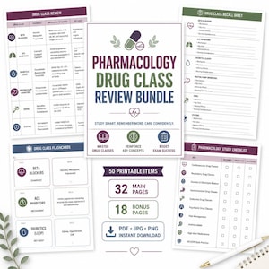 May include: A pharmacology drug class review bundle featuring a central cover page with a pill icon, surrounded by four informational sheets including a drug class review table, a recall sheet, flashcards, and a study checklist with 50 printable items.