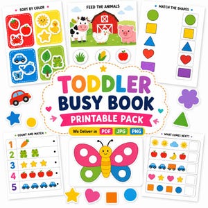 May include: A vibrant toddler busy book printable pack with educational activities. Includes colour sorting, shape matching, counting, and animal-themed pages. Features a butterfly, farm animals, and other playful illustrations.