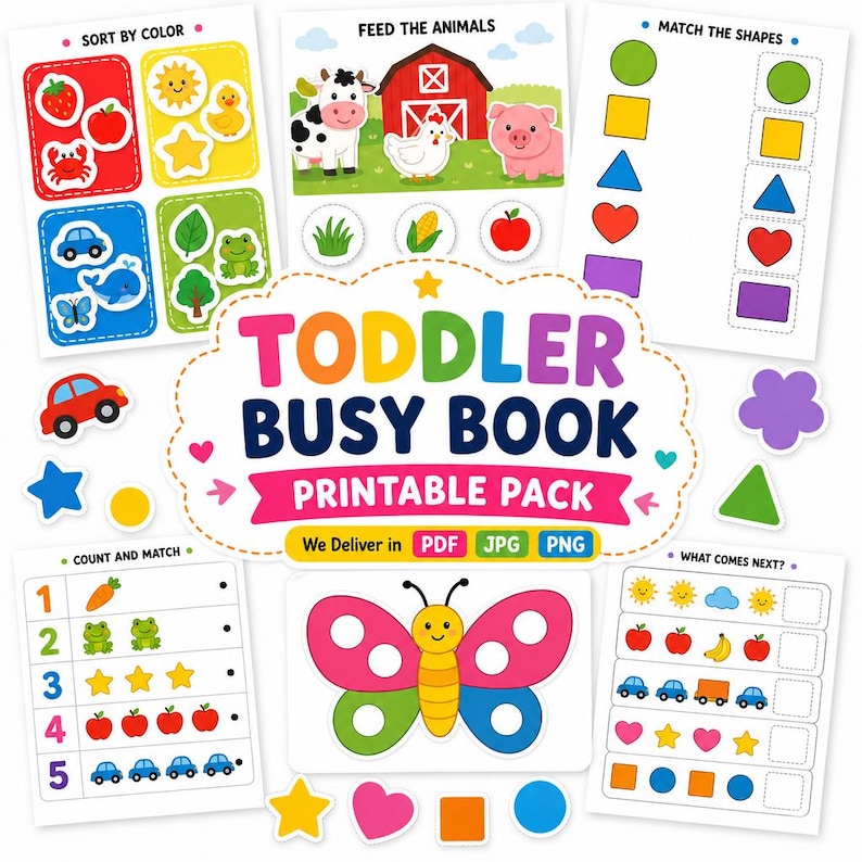 May include: A vibrant toddler busy book printable pack with educational activities. Includes colour sorting, shape matching, counting, and animal-themed pages. Features a butterfly, farm animals, and other playful illustrations.
