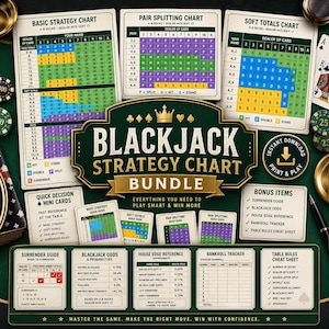 May include: A Blackjack Strategy Chart Bundle, featuring charts for basic strategy, pair splitting, and soft totals. Includes mini cards for quick reference and bonus items such as a surrender guide and bankroll tracker. The text says "Instant Download Print & Play". Measurements are not applicable.
