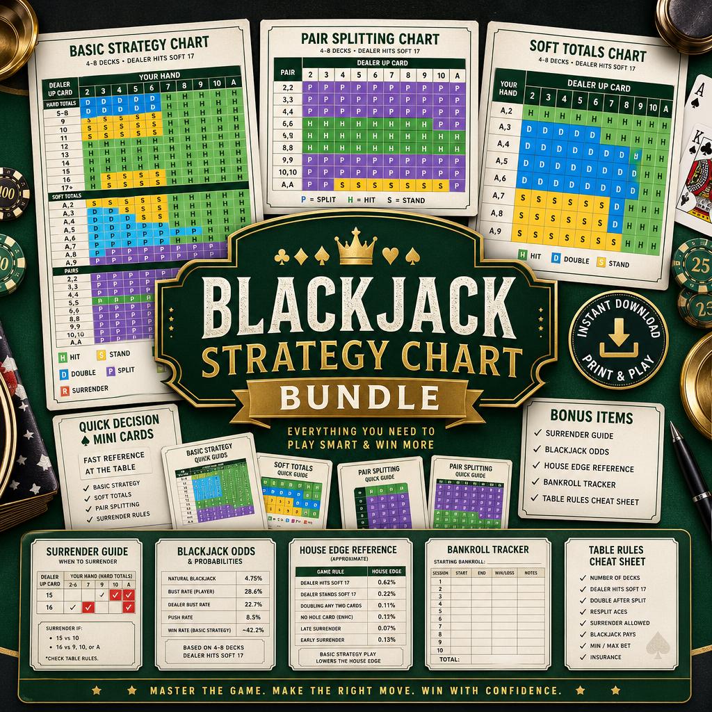 Blackjack Strategy Chart Bundle Printable - Basic Strategy Cards Charts ...