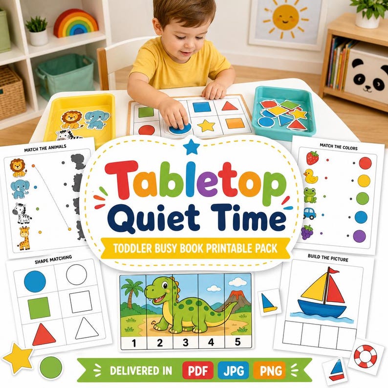 May include: A toddler engages with a 'Tabletop Quiet Time' activity set. The set features shape, animal, and colour matching games. The text "Tabletop Quiet Time" is displayed prominently, with a 'Toddler Busy Book Printable Pack'.