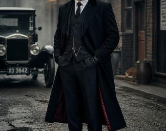 Schwarzer Wollmantel Männer, Peaky Blinders Inspirierter Mantel, Vintage Langer Mantel, 1920er Jahre Stil Wollmantel, Gothic Wintermantel