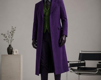 Herren Lila Langer Mantel und Grüne Weste Set, Joker Inspirierter Anzug, Vintage Tailcoat Outfit, Cosplay Kostüm Männer, Eleganter Statement Mantel