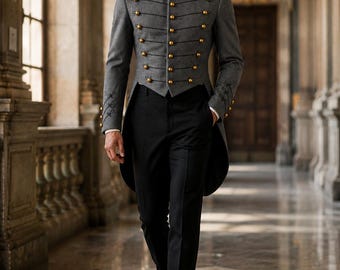 Grey Military Tailcoat for Men, Victorian Hussar Jacket, Gothic Formal Coat, Steampunk Military Blazer, Regency Tailcoat