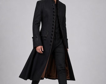 Herren schwarzer Gehrock Lange Gothic Jacke, viktorianischer Frack, Mantel im Regency-Stil, Vampir-Mantel, historische Cosplay-Oberbekleidung
