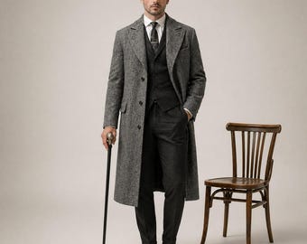 Grauer Mantel für Herren Vintage Peaky Blinders Style Mantel, Langer Wollmantel Herren, Klassischer Gentleman Trenchcoat, Formeller Wintermantel Herren
