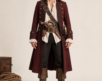 Piraten Gehrock Herren, Burgunder Kapitänsmantel, Mittelalter Piratenjacke, Gothic Steampunk Langer Mantel, Renaissance Cosplay Wear