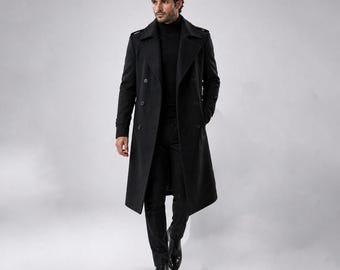 Herren Schwarz Trenchcoat Langer Wollmantel, minimalistischer Neo Noir inspirierter Mantel, zweireihiger Wintermantel Herren, Luxus Slim Fit Mantel