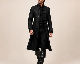 Herren Gothic Gehrock schwarze lange Jacke, Piraten Mantel, Vampir Aristokrat Outfit, viktorianischer Frack, Cosplay Kostüm, Statement Mantel