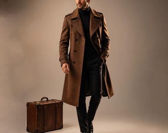 Brauner Herren Trenchcoat Langer Wollmantel, Doktor Inspirierter Mantel, Zweireihiger Wintermantel Herren, Eleganter Vintage Langer Mantel