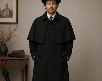 Herren Inverness Umhang Viktorianischer Umhang, Sherlock Holmes Style Mantel, Schwarzer Woll Umhang, Gothic Vintage Detektiv Mantel