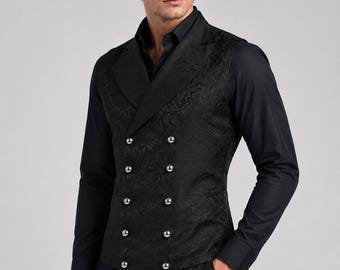 Zweireihige Brokatweste Männer, Gothic viktorianische Weste, Steampunk formelle Weste, Renaissance Hochzeitsweste, schwarze Brokatweste