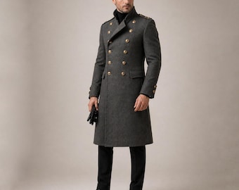 Langer Wollmantel für Herren im Militärstil, zweireihiger Wintermantel Herren, eleganter Mantel, Mantel für Männer im Offiziersstil