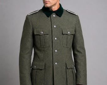 Vintage Militär Feldjacke für Männer, Oliv Wolle Gebrauchsmantel, historisch inspirierte Jacke im Offiziersstil