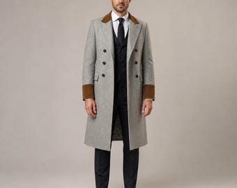 Herren Grauer Langer Mantel Zweireihiger Mantel, Vintage Style Wollmantel, Doktor Inspirierter Mantel, Cosplay Trenchcoat Herren, Formeller Wintermantel