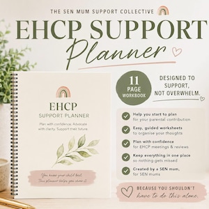 May include: A spiral-bound EHCP Support Planner workbook with a cream cover featuring a rainbow icon, green leaf illustration, and text including 'EHCP SUPPORT PLANNER' and 'You know your child best. This planner helps you show it.'
