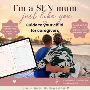 Op de afbeelding: Een digitale gids voor verzorgers, getiteld "Guide to your child", weergegeven op een tablet. De afbeelding toont twee mensen die elkaar omarmen op een strand, met tekst die de afbeelding overlapt en luidt "I'm a SEN mum just like you". De gids is ontworpen om anderen te helpen hun kind beter te begrijpen.