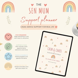 Op de afbeelding: Een digitale planner getiteld "The Sen Mum Support Planner" met de tekst "Calm & Chaos" op het scherm. De planner bevat regenboog- en hartillustraties, en de tekst "Calm, Gentle Support for Real Life."