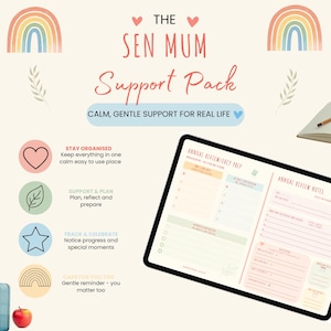 May include: A digital planner labelled "The Sen Mum Support Pack" with the tagline "Calm, Gentle Support for Real Life." The planner features sections for organisation, planning, and tracking progress. A notebook, pencil, and apple are also visible.