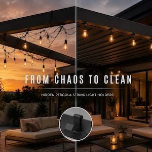 Może przedstawiać: Podzielony ekran przedstawia pergolę z poplątanymi lampkami po lewej stronie i uporządkowanymi po prawej. Tekst brzmi FROM CHAOS TO CLEAN oraz HIDDEN PERGOLA STRING LIGHT HOLDERS. Czarny haczyk jest widoczny w okrągłym wstawce.